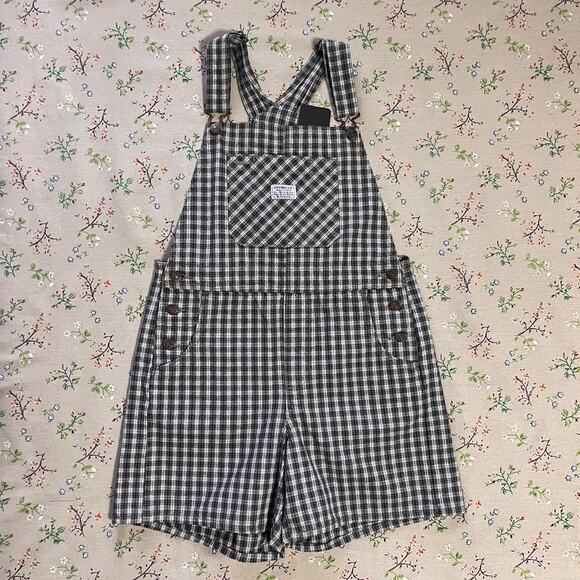 Levi's Utility Shortalls Milo Plaid Brown Overall Short Small Cotton Twill Fall - Picture 2 of 11